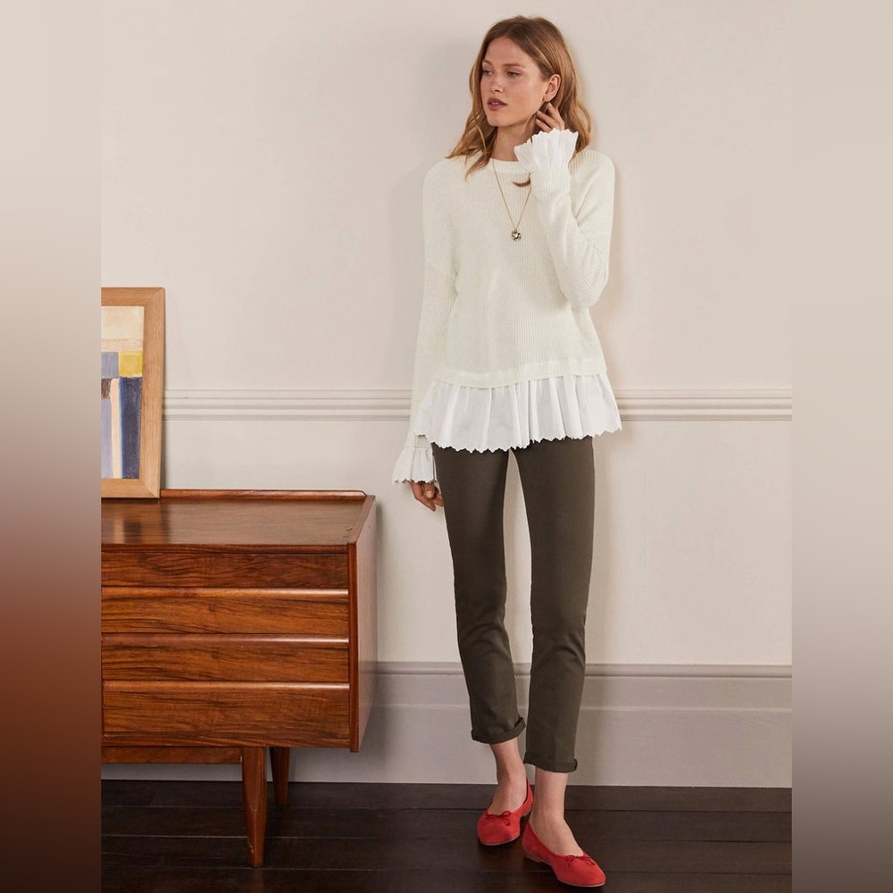 Boden Catherine Woven Fluffy Women's Ivory Knit Sweater Cotton Hem 6